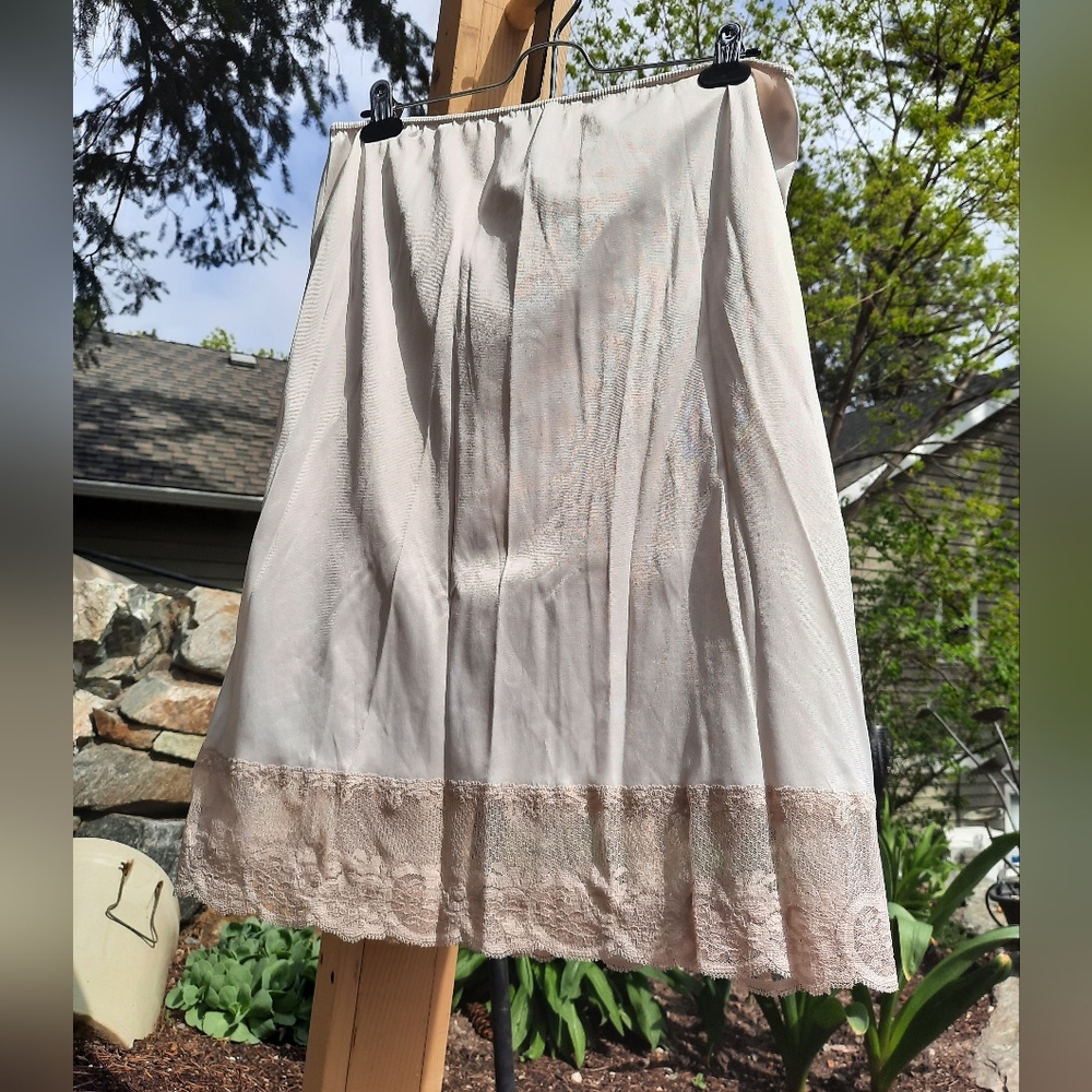 Vintage French Maid Nylon Lace Trimmed Slip Elegant Cream Skirt with Lace Trim